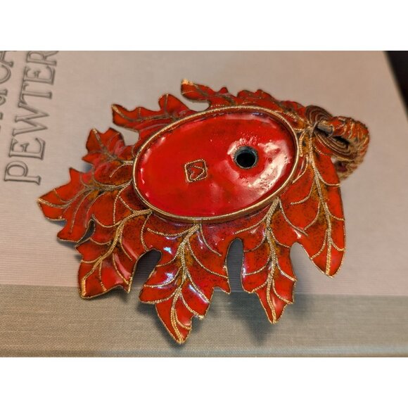 Vintage Leaf-Shape Red & Gold Cloisonne Candle Holder 5.5" Ornate Handcrafted - Picture 7 of 8